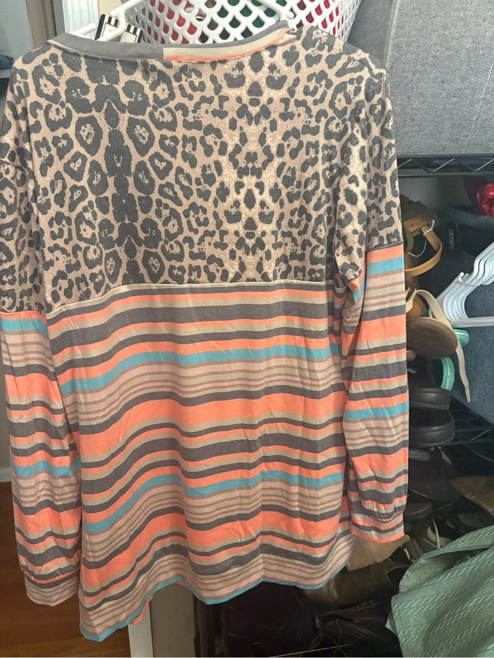 Ladies new Striped & Leopard Print Long Sleeve Pullover - Coral/Turquoise/Gray